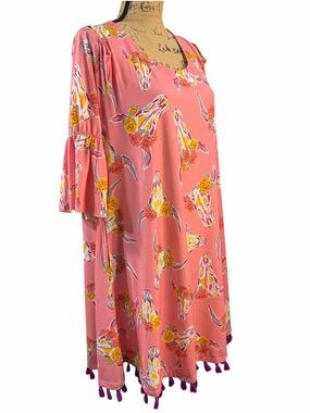 Simply Southern NWT Pink Floral Bull Skull Cold-Shoulder Midi Dress. Size XXL